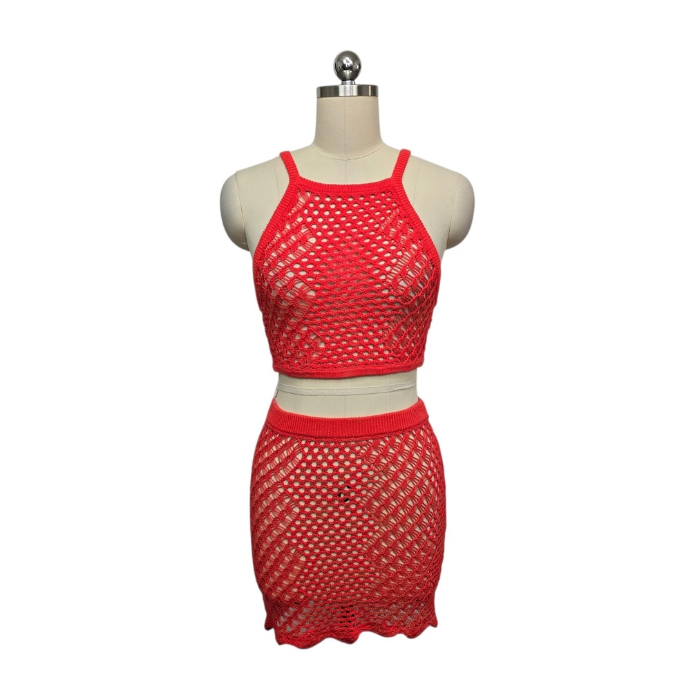 Camila Coelho Red Crochet Knit Halter Crop Top (Small) & Mini Skirt (Medium) Set